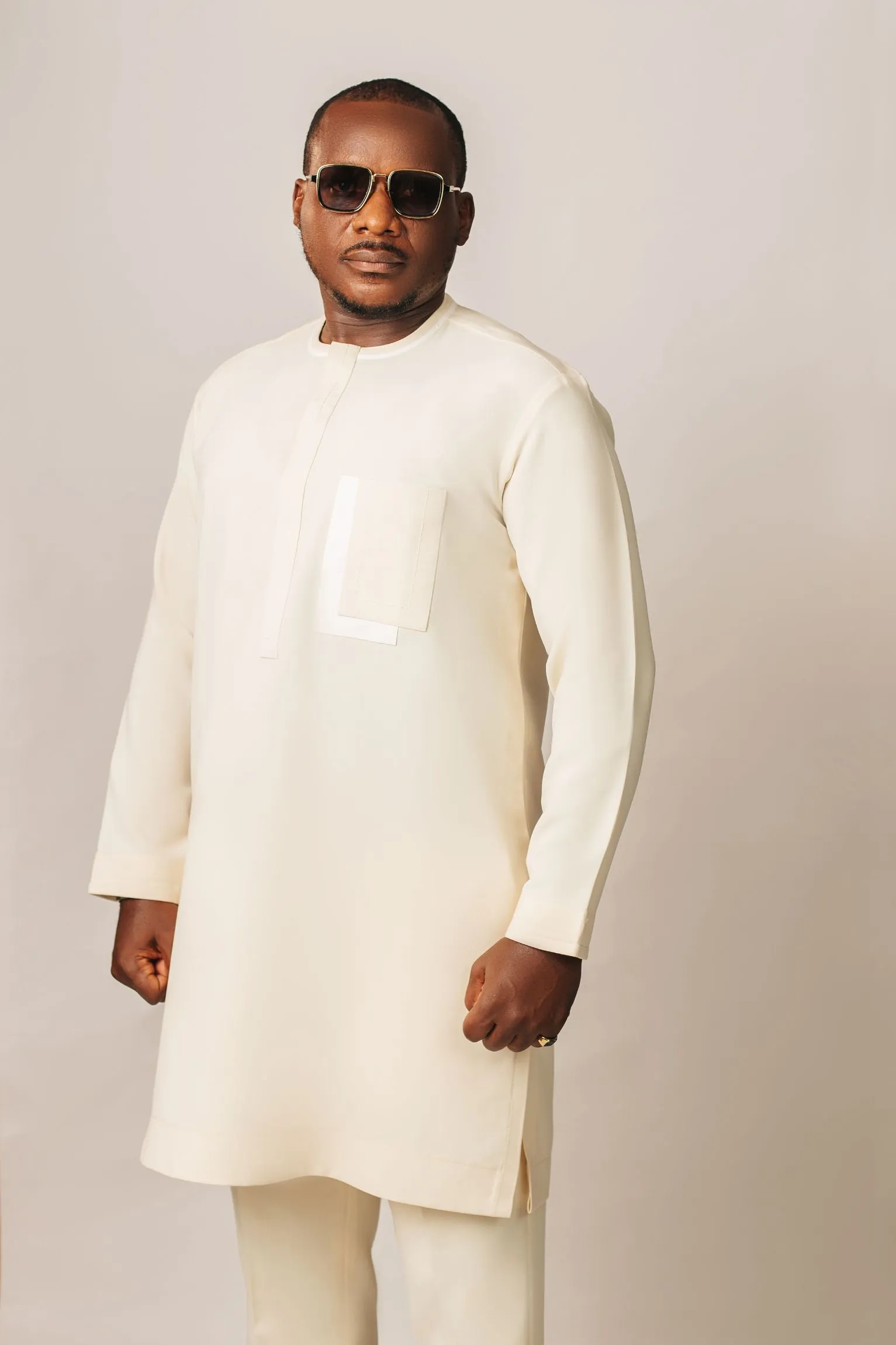 Long Sleeve Cream Kaftan with Pocket Design