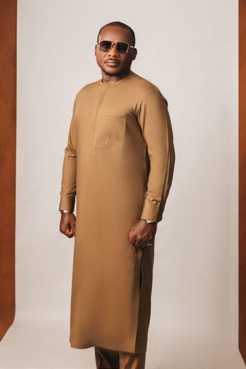 Long Sleeve Brown Kaftan with Pocket Embroidery