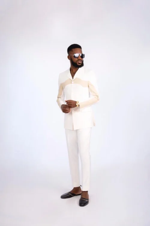 Men Suit in White with Cream Design