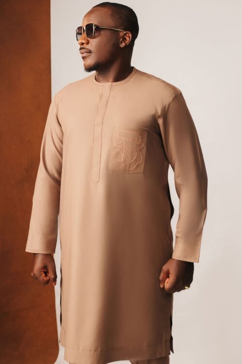 Long Sleeve Brown Kaftan with Scattern Packet Pocket